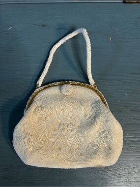 Vintage 1950’s Beaded Ivory Evening Bag with Gold Accents - Made in Japan